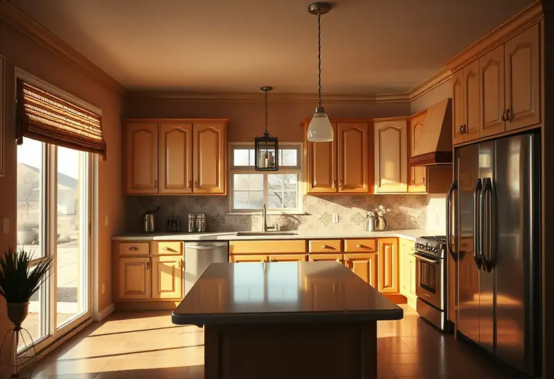 Illustration of kitchen with shaker cabinets and an island in a 1994-era home