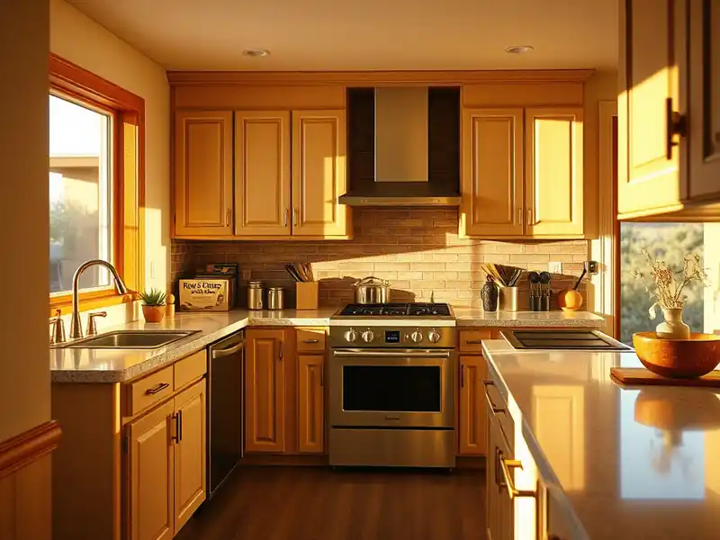 Illustration of close-up of materials and finishes of kitchen with shaker cabinets and an island in a 1994-era home