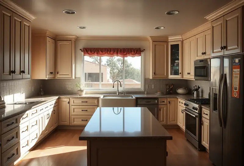 Illustration of kitchen with shaker cabinets and an island, as found in 1994-era homes