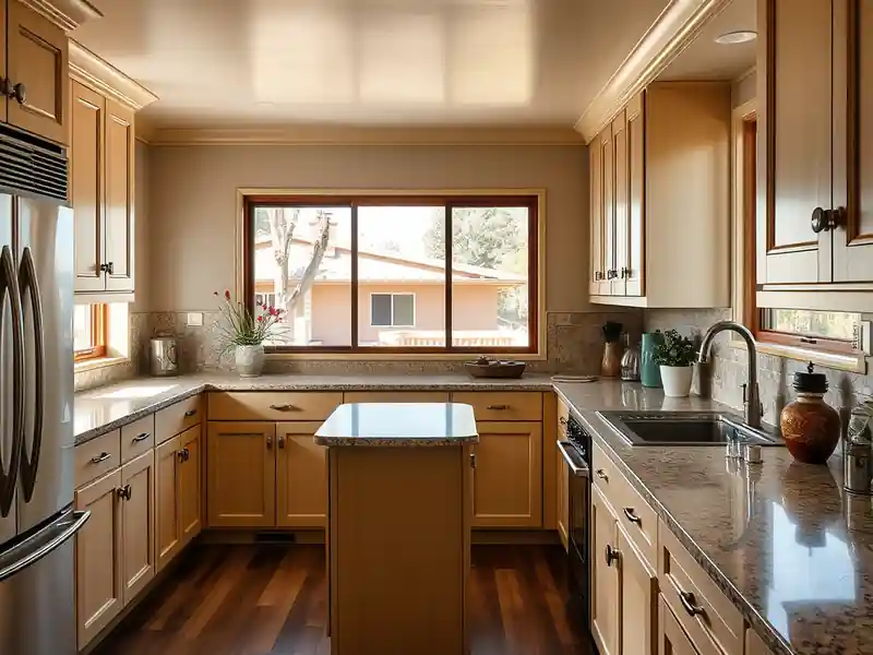 Illustration of modern kitchen with shaker cabinets and granite countertops.