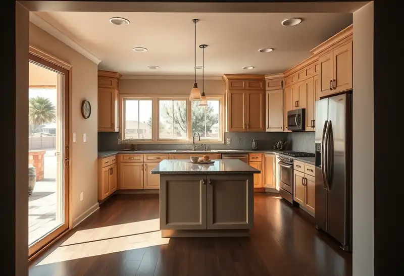 Illustration of kitchen with shaker cabinets and an island in a 1994-era home