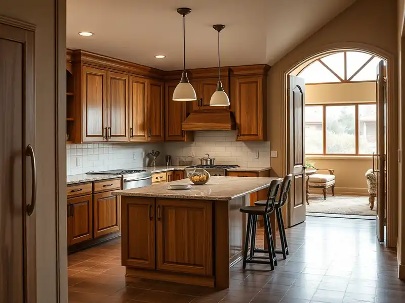 Illustration of close-up of materials and finishes of kitchen with shaker cabinets and an island in a 1994-era home