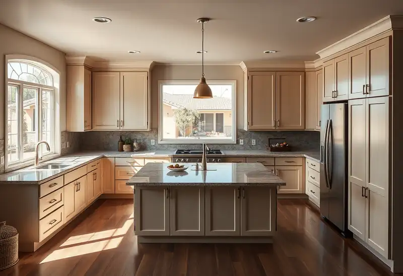 Illustration of kitchen with shaker cabinets and an island in a 1994-era home