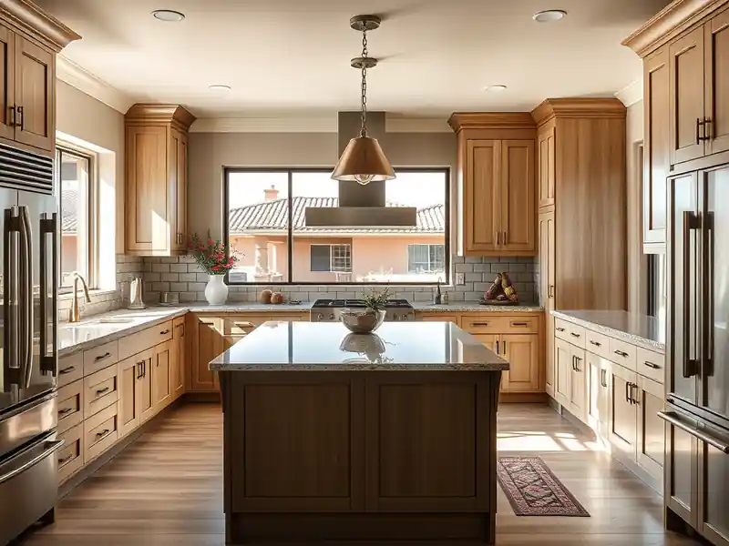Illustration of close-up of materials and finishes of kitchen with shaker cabinets and an island in a 1994-era home