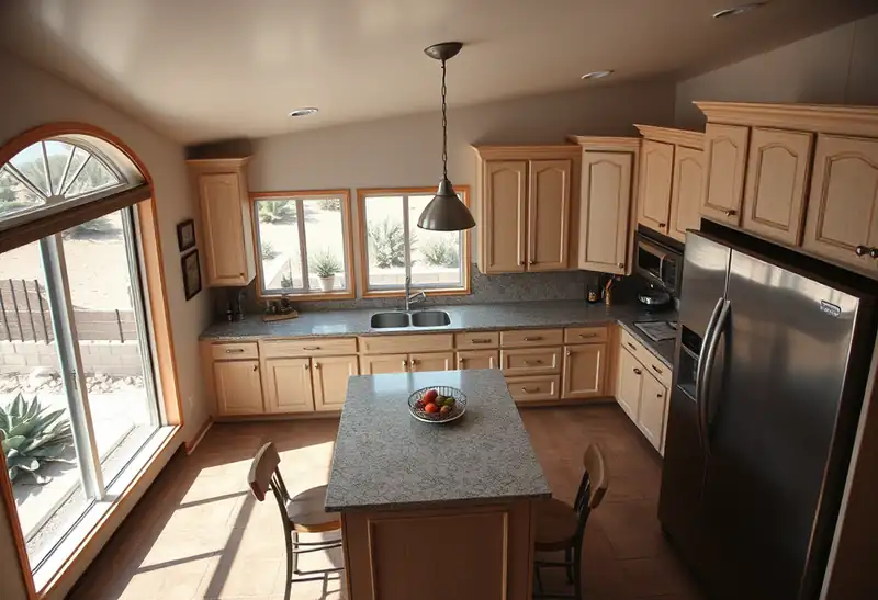 Illustration of kitchen with shaker cabinets and an island in a 1994-era home