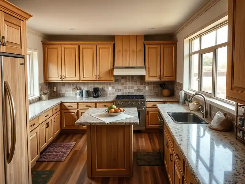 Illustration of close-up of materials and finishes of kitchen with shaker cabinets and an island in a 1994-era home