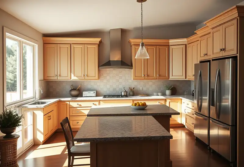 Illustration of kitchen with shaker cabinets and an island in a 1994-era home