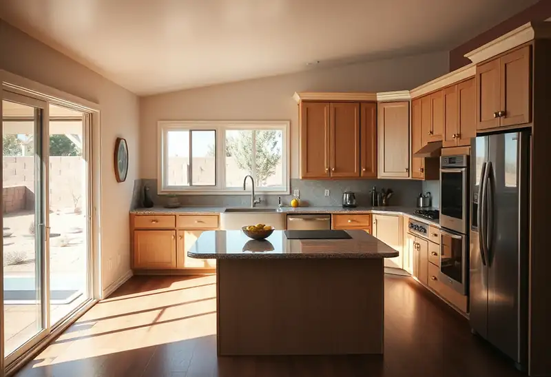 Illustration of kitchen with shaker cabinets and an island in a 1994-era home