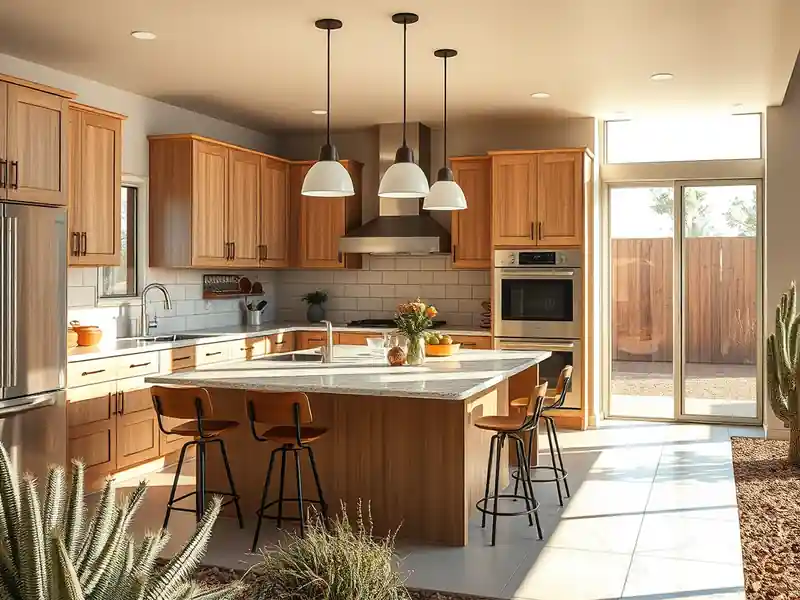Illustration of close-up of materials and finishes of kitchen with shaker cabinets and an island in a 1994-era home