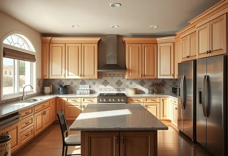 Illustration of kitchen with shaker cabinets and an island in a 1994-era home