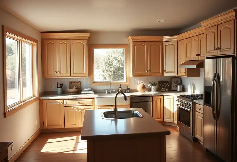 Illustration of kitchen with shaker cabinets and an island in a 1994-era home
