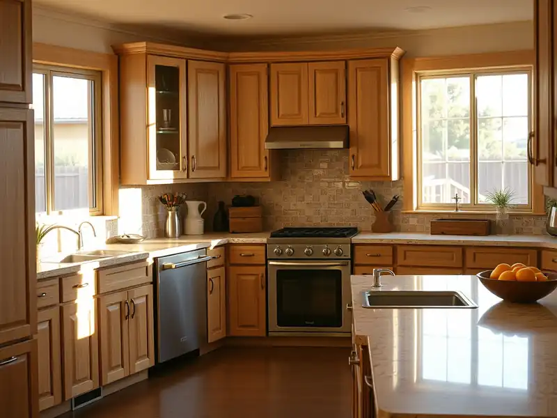 Illustration of close-up of materials and finishes of kitchen with shaker cabinets and an island in a 1994-era home
