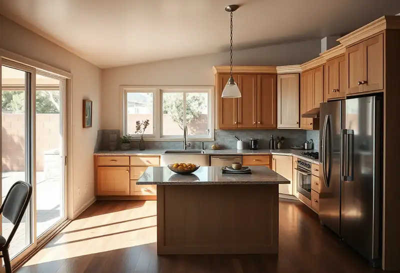 Illustration of kitchen with shaker cabinets and an island in a 1994-era home