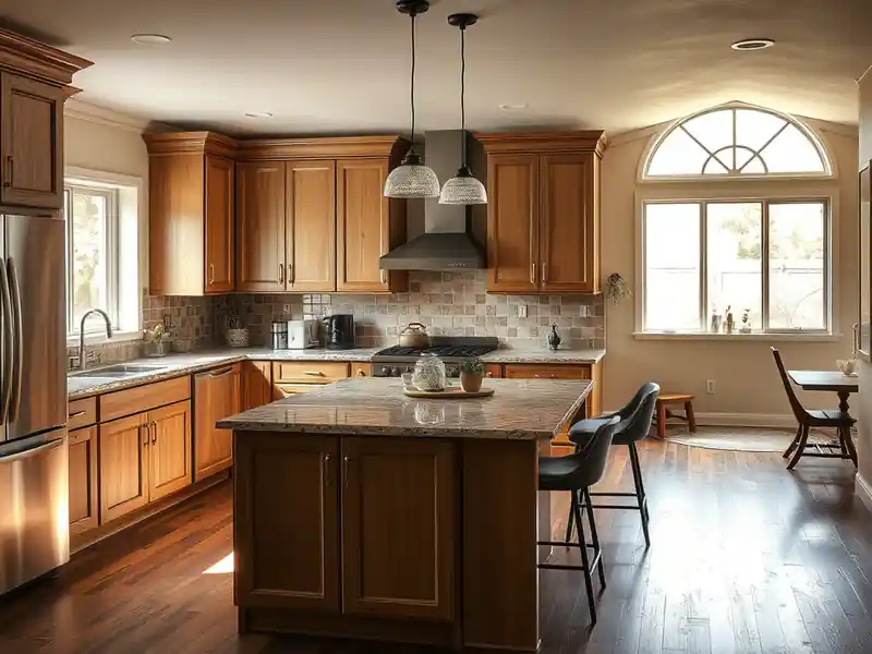 Illustration of close-up of materials and finishes of kitchen with shaker cabinets and an island in a 1994-era home